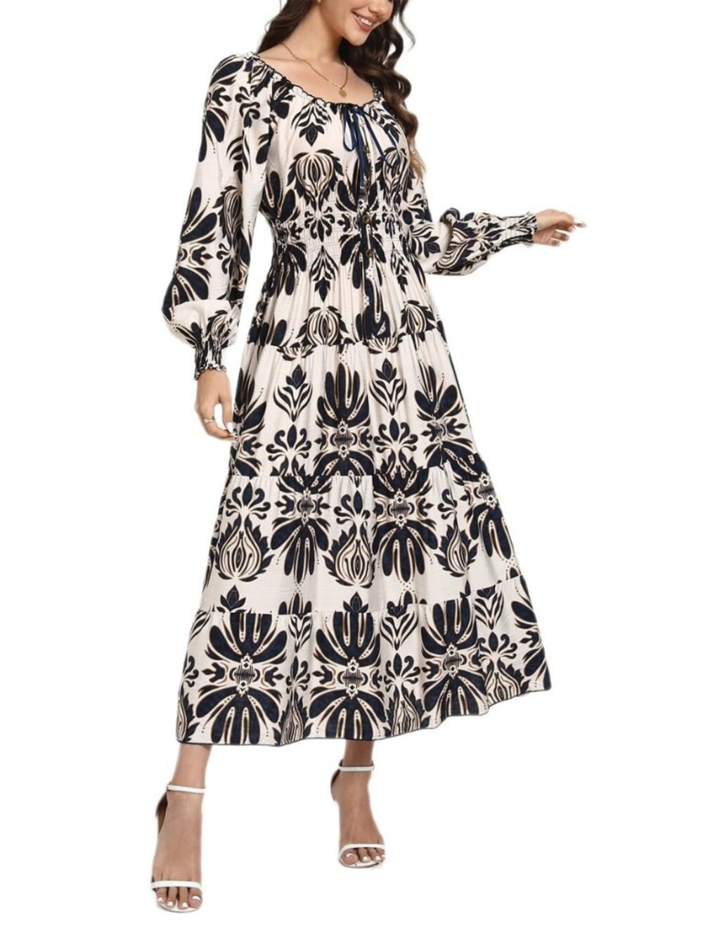 Women's 2026 Casual Long Sleeve Square Neck Smocked High Waist Flowy Maxi